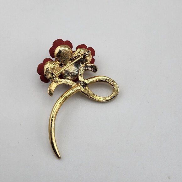 Vintage Gold Tone Red Rose Bouquet Brooch - Picture 3 of 4